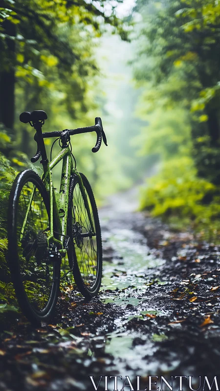 Green machine pauses on forest trail, contemplating verdant passage ahead