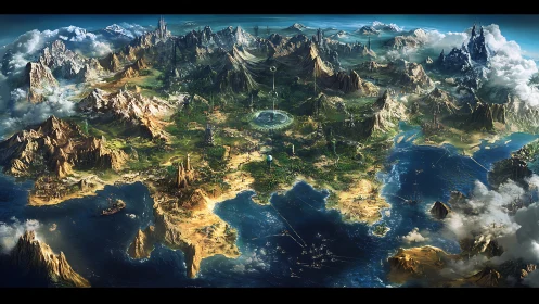 Expansive fantasy continent map with luminous coastal seas.