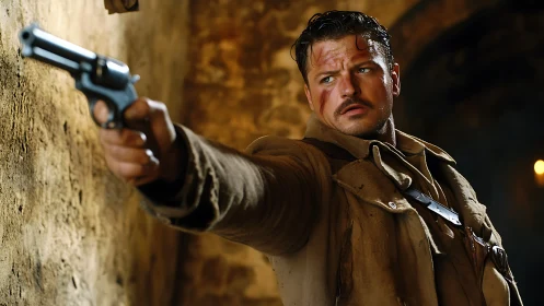 Injured man points revolver inside dim stone corridor