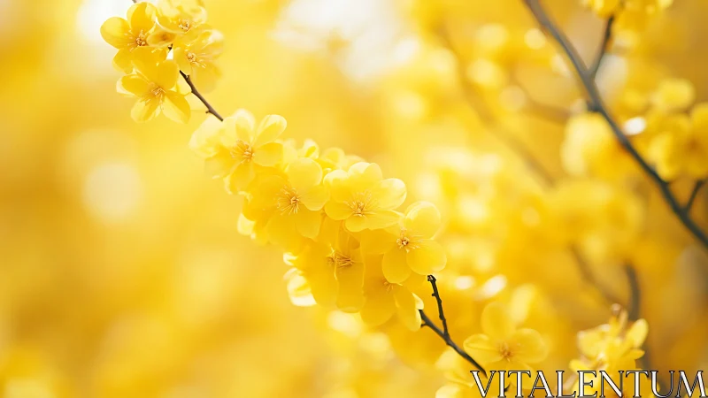 Clustered Yellow Forsythia Flowers with Shallow Depth of Field Optical Rendering