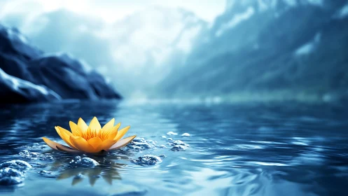 Yellow water lily on reflective blue lake in mountains.