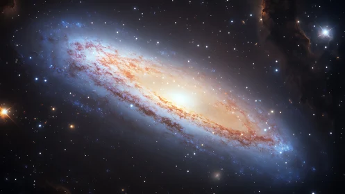 Edge-on spiral galaxy rendered with high dynamic range contrast