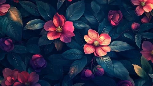 Digital Floral Garden with Pink and Red Blooms.