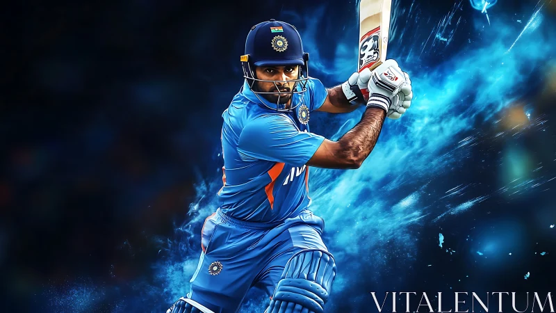 Dynamic cricket batter drives the ball through glowing blue light