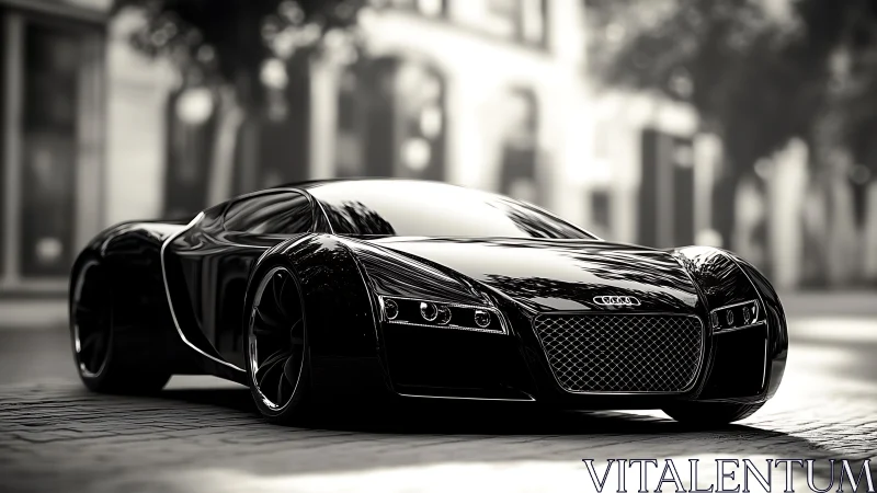Glossy black sports car on urban street in soft daylight.