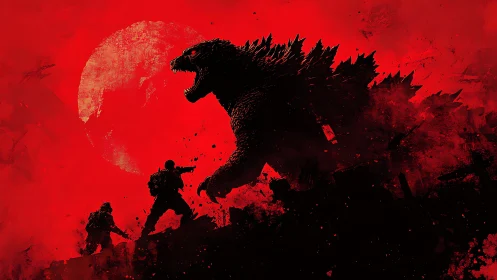 Silhouetted monster and soldiers on red-toned battlefield.