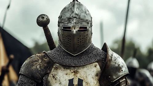 Heavily armored medieval knight in full battle gear.