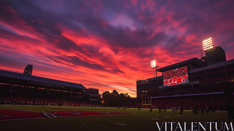 Stadium lights ignite beneath blazing magenta sunset sky.