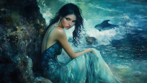 Moonlit sea siren resting by storm-splashed coastal rocks.