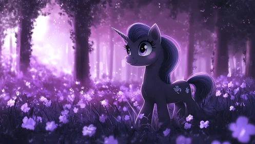 Moonlit unicorn filly wandering through a lavender dreamwood.