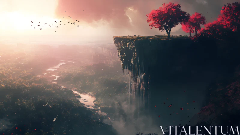 Crimson trees watching a misty river fade into the sky.