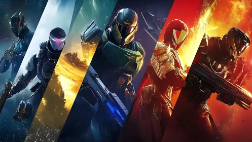 Armored sci fi troopers aligned in segmented, high contrast spectrum