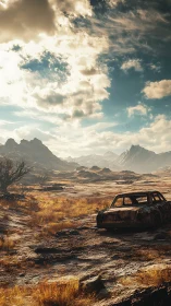 Rusted sedan in arid valley under volumetric cloud-filled sky