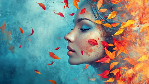 Surreal female profile merges with swirling autumn fire leaves