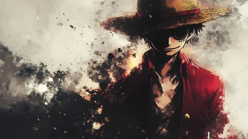 Straw hat anime figure in fragmented smoky setting.