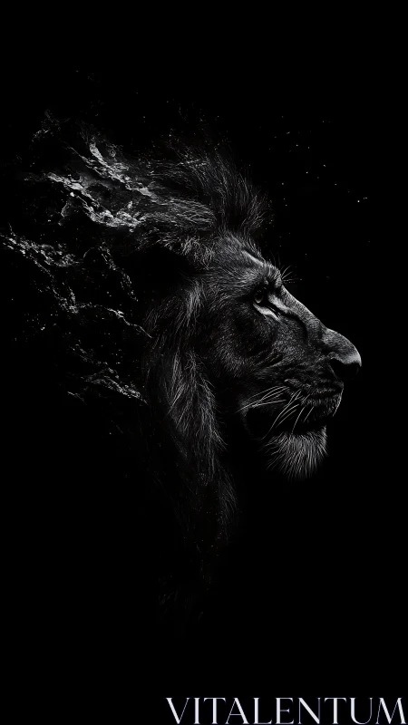 Monochrome lion profile with dissolving mane in darkness.