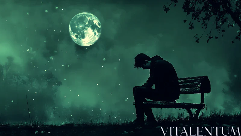 Silhouetted person on bench under large moonlit sky at night.