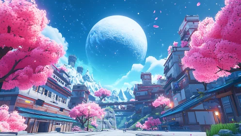 Futuristic cherry blossom city opens toward colossal blue moon