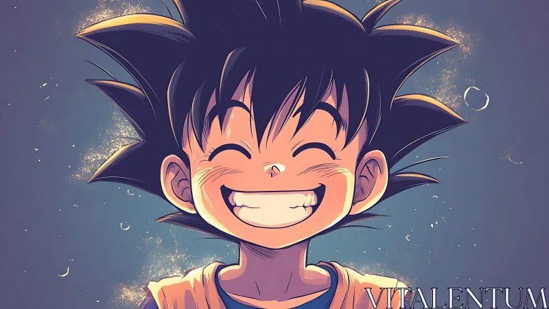 Smiling anime boy radiates joy in glowing portrait.