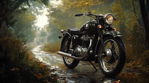 Classic black motorcycle on wet forest trail at dusk.