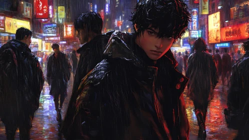 Young figure in rain-soaked neon city street at night.