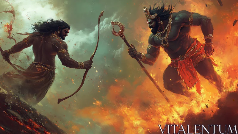 Epic mythic duel amid swirling fire and storm clouds.