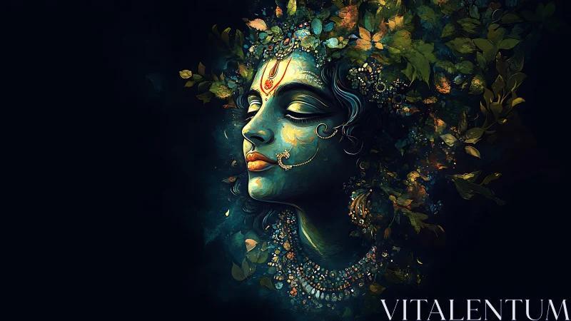 Forest-touched goddess exhales constellations of jeweled leaves