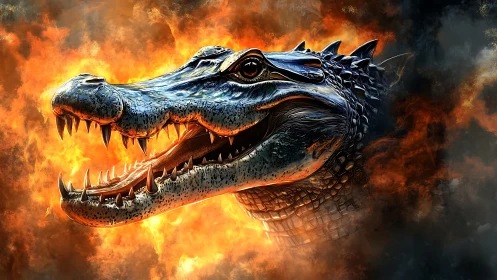 Crocodile head rendered in fire and smoke environment.