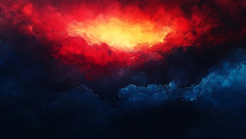 Fiery cosmic nebula glows above deep blue celestial void