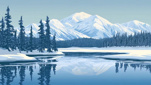 Snow-covered mountains reflected in frozen alpine lake.