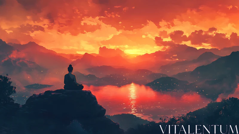 Meditating figure overlooks burning sunset across mountain lake