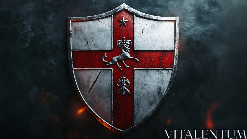 Metallic shield with red cross, star and rearing horse emblem.