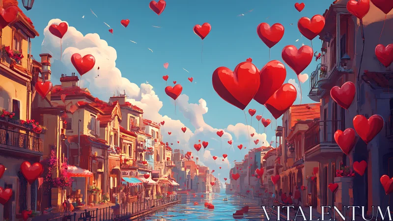 Romantic Urban Canal District with Floating 3D Heart Elements.