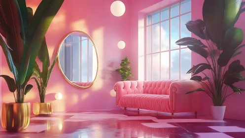 Chromatic interior with pink sofa, glossy floor, and foliage.