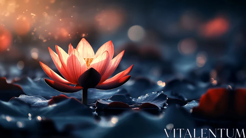 Softly glowing lotus drifting through a dreamy twilight pond.