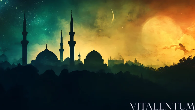 Dreamy domed skyline rests beneath twin glowing moons