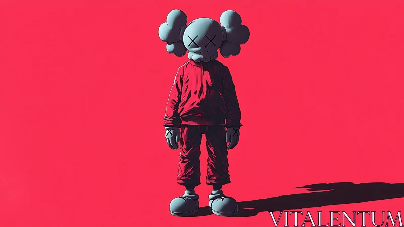 Cartoon figure in red tracksuit stands on flat pink field