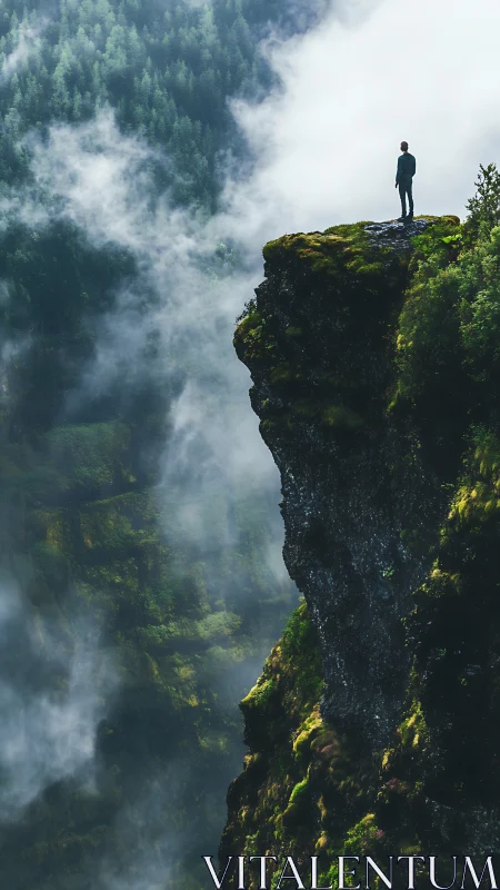 Solitary hiker stands on misty forest cliff edge