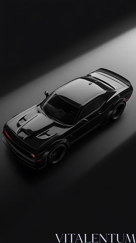 Midnight muscle car rendered in dramatic top light focus.