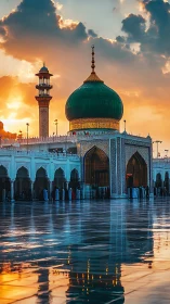 Sunlit mosque courtyard with emerald dome and minaret.