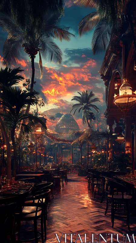 Tropical courtyard restaurant interior at sunset light.