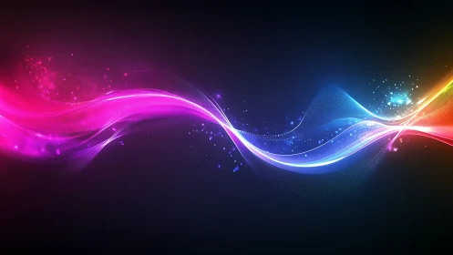 Radiant neon light waves stream across a cosmic backdrop.