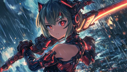 Neon armored swordswoman readies strike in storm rain.