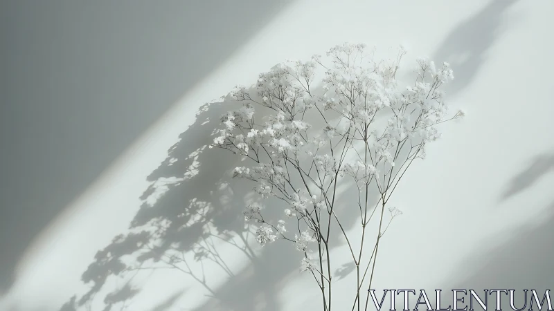 Delicate white flowering stems cast geometric shadows on neutral background