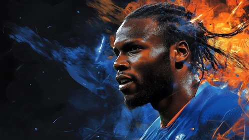 Dynamic athlete portrait in explosive dual-color digital painting.