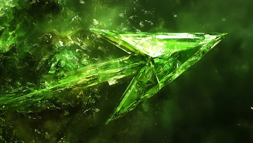 Shattered green crystal arrow bursts through glowing debris