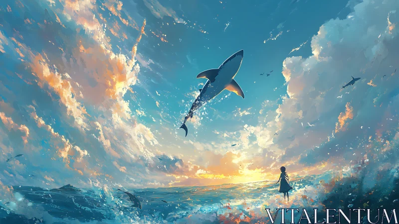 Girl observing airborne shark above ocean at sunset.