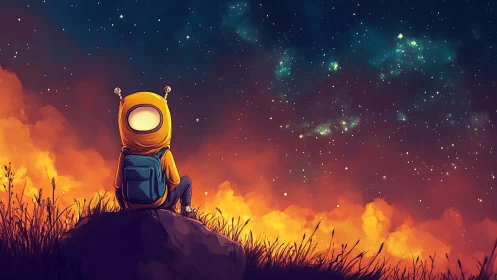 Astronaut silhouette gazes at nebula sky over ember clouds.