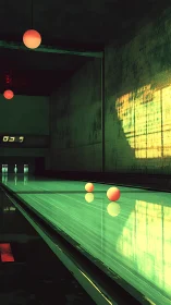 Bowling lane interior with neon lighting and red spheres.