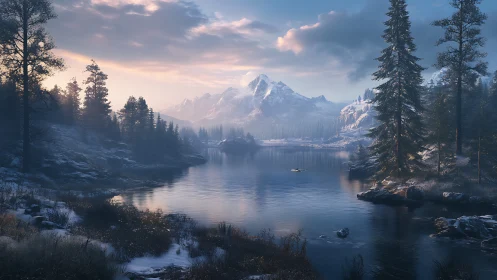 Snowy alpine lake reflects dawn-lit mountain peaks.